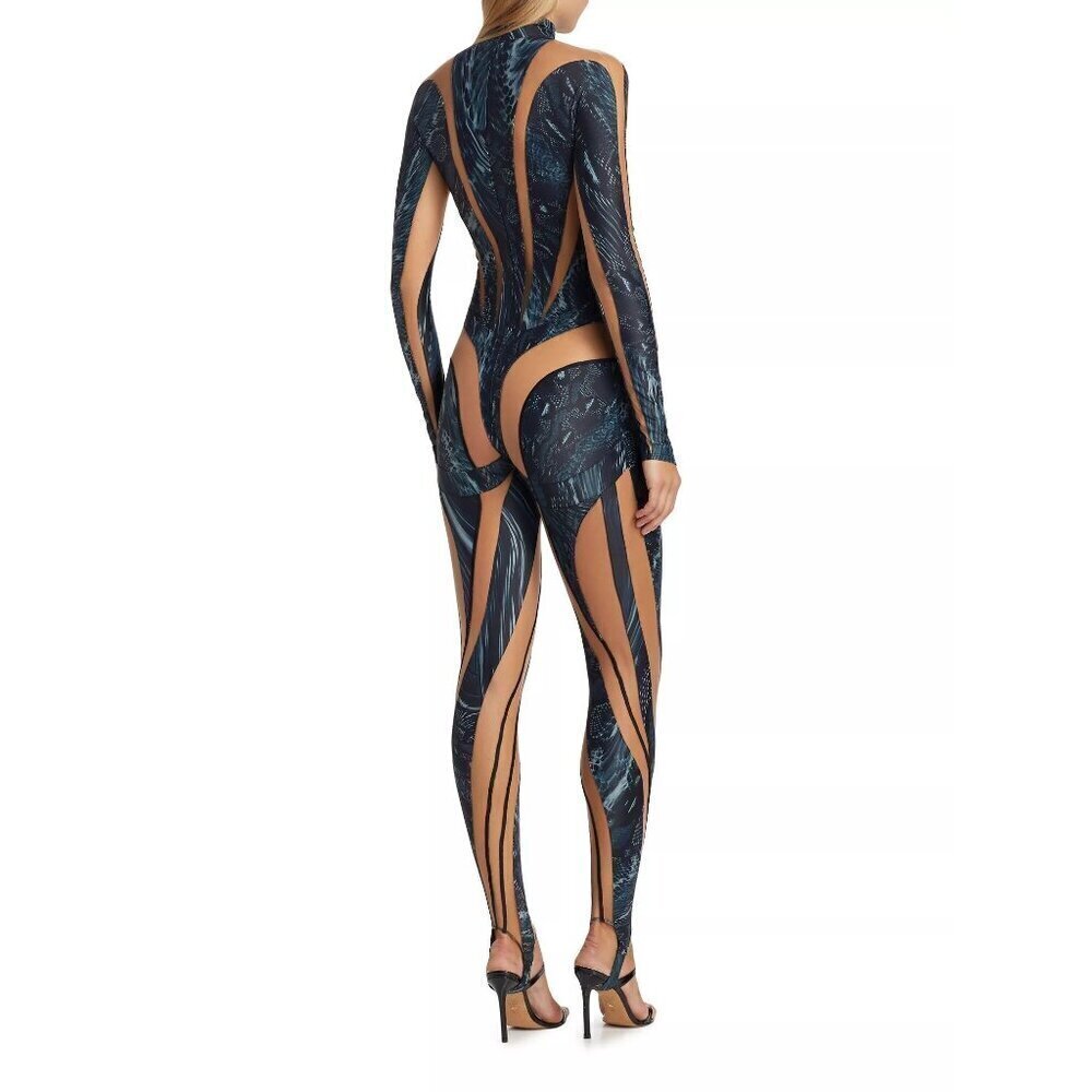 MUGLER Womens Long Sleeve Jumpsuit in Warped Snake Black Nude 34 New Catsuit - Picture 13 of 16